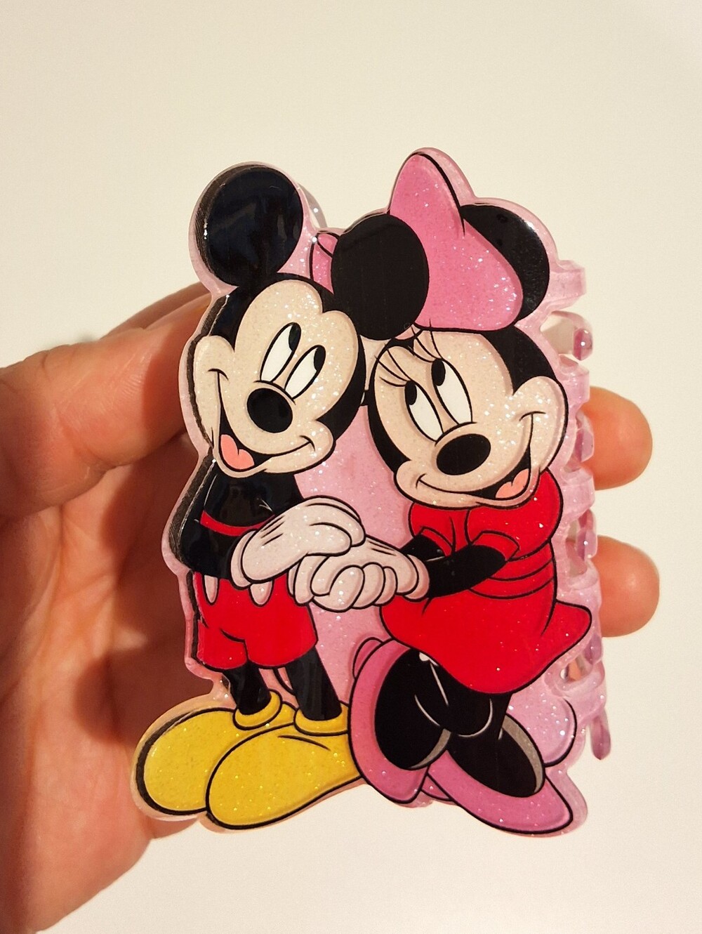 Disney Mickey & Minnie Holding Hands Hair Claw Clip Pink Glitter, NEW
